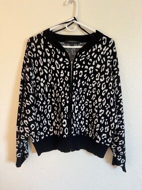 Marc New York Black and White Leopard Zip-Up Knit Sweater